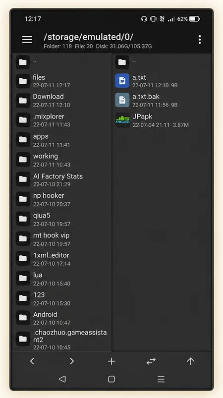 MT Manager dual-panel file browser and bottom navigation controls