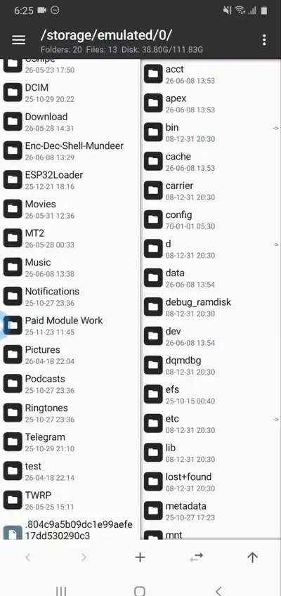 MT Manager dual-pane file browser displayed inside an Android phone